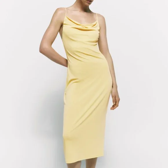Beautiful Pastel Yellow, Cowl-neck Slip Dress from Zara, Size M Used Once!
